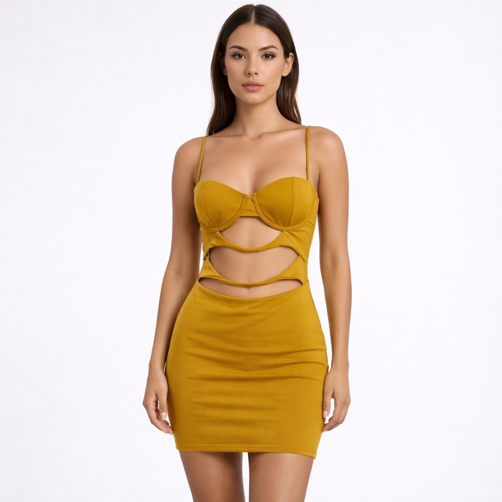 Mars The Label Mustard Yellow‎ Cutout Bustier Bodycon Mini Dress UK 10 US S